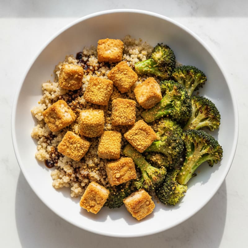 Crispy Tempeh and Quinoa Power Bowl with Roasted Broccoli