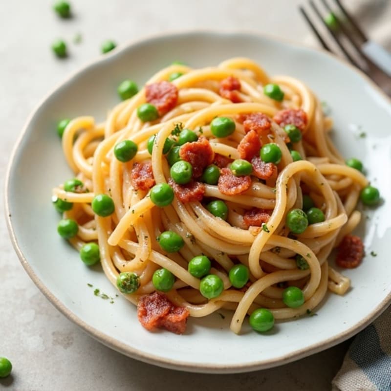 Creamy Whole Wheat Pasta with Crispy Pancetta and Green Peas