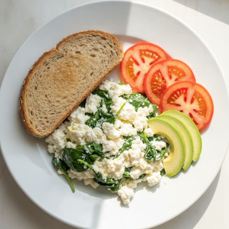 Egg White Spinach Scramble with Cottage Cheese and Sliced Tomatoes