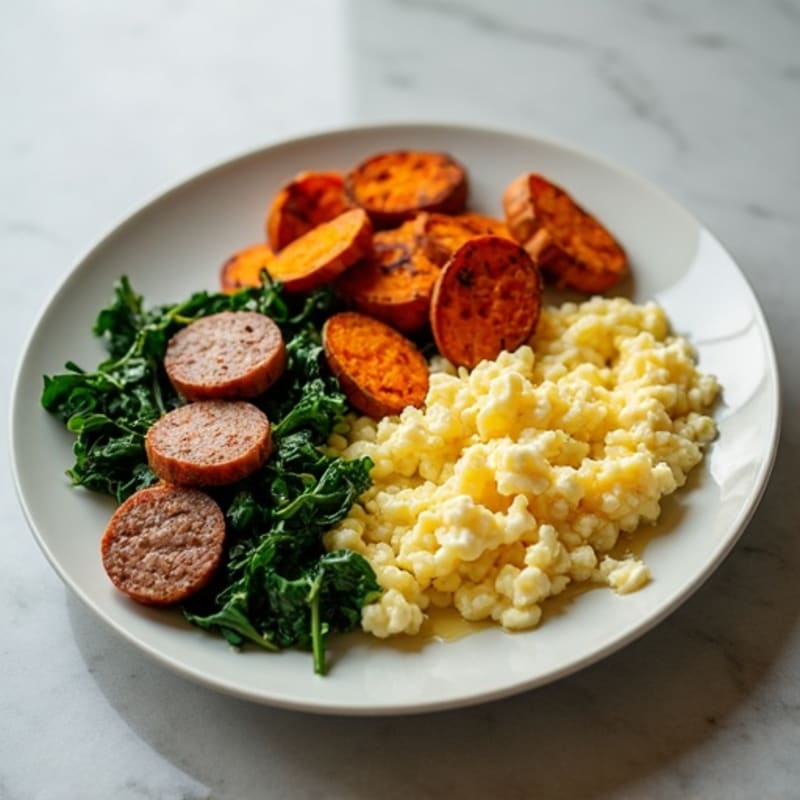 Egg White and Turkey Sausage Scramble with Spinach and Roasted Sweet Potatoes