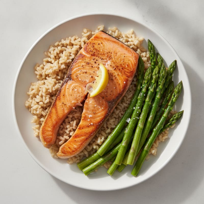 Seared Salmon with Steamed Asparagus and Brown Rice
