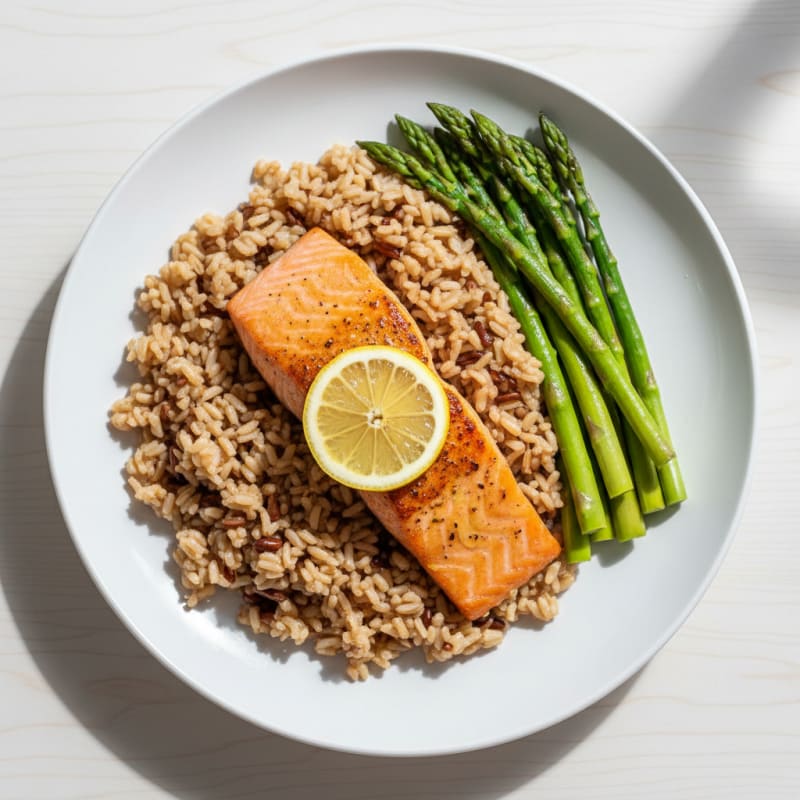 Seared Salmon Fillet with Steamed Asparagus and Brown Rice