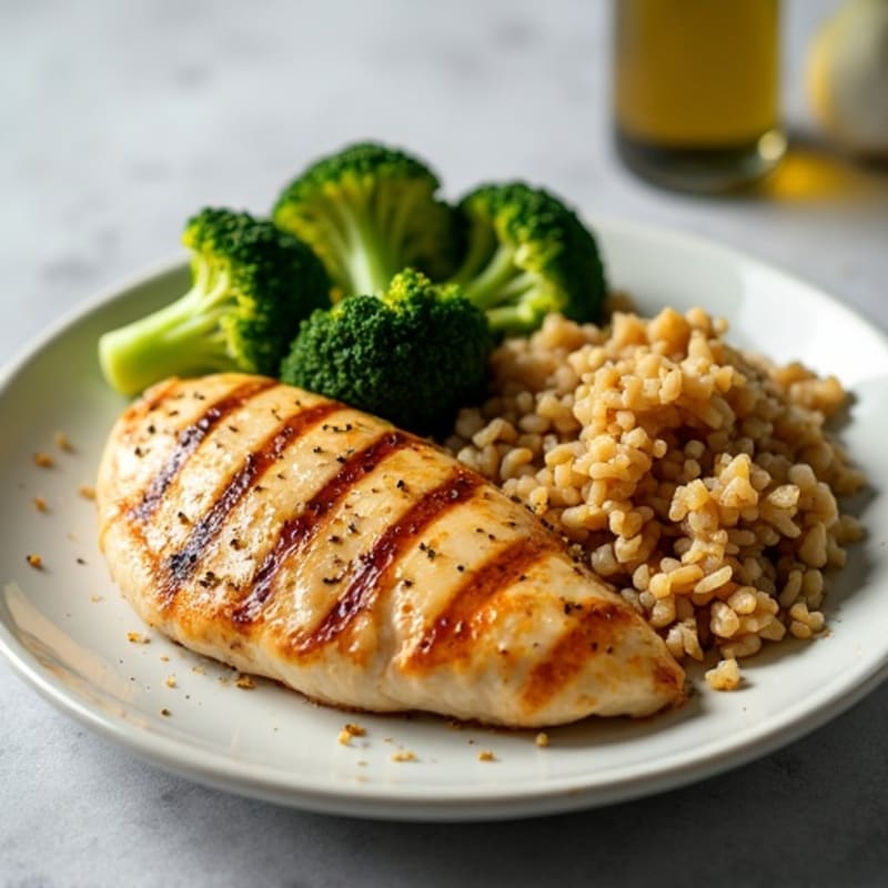 Seared Chicken Breast with Roasted Garlic Broccoli and Brown Rice Pilaf