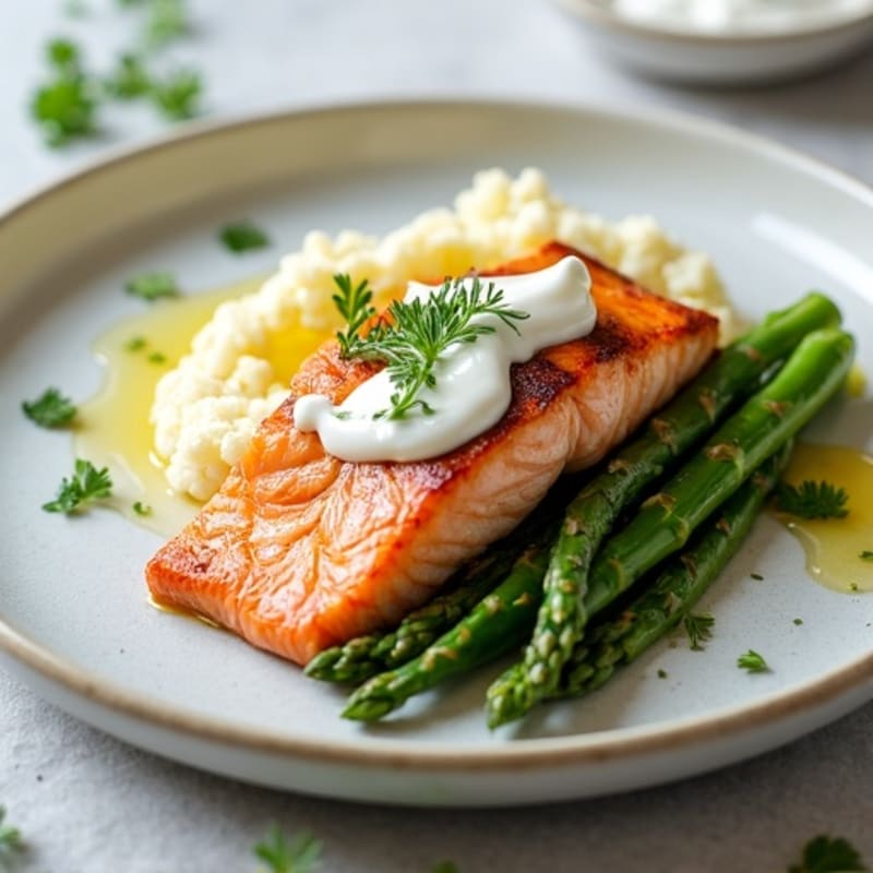 Seared Salmon with Steamed Asparagus and Cauliflower Mash