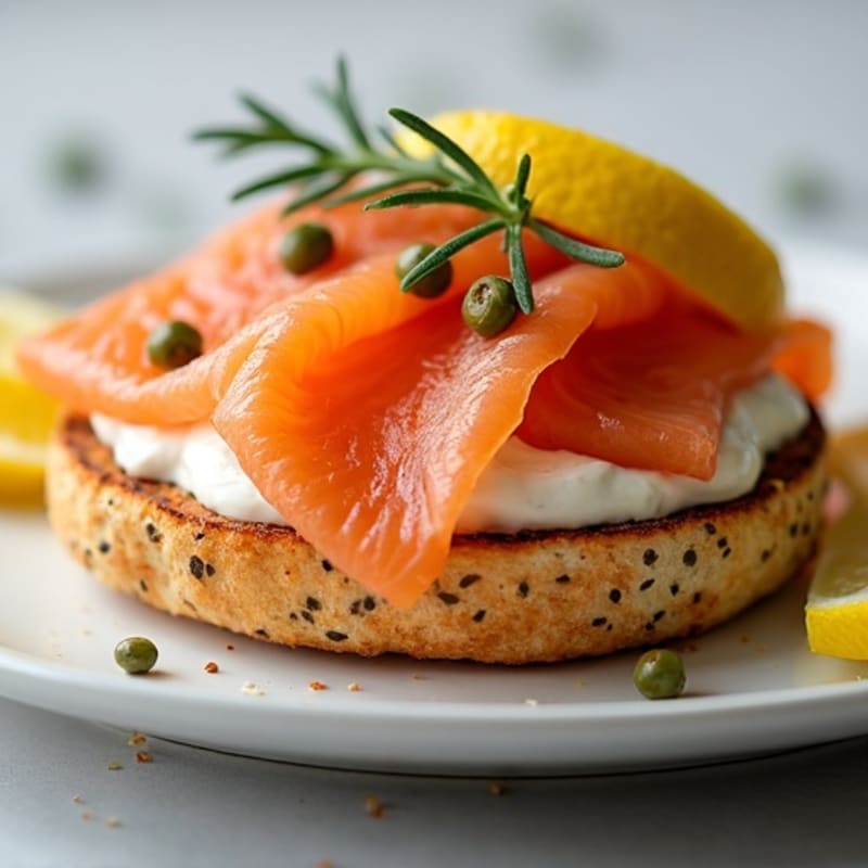 Open-Face Smoked Salmon with Herbed Cream Cheese on Toasted Everything Bagel