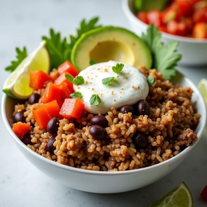Lean Ground Beef Burrito Bowl with Zesty Lime Rice and Creamy Avocado