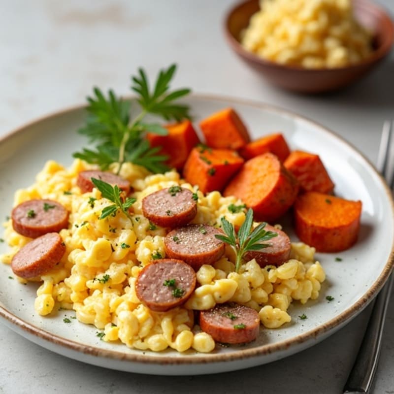 Egg White and Turkey Sausage Scramble with Roasted Sweet Potatoes
