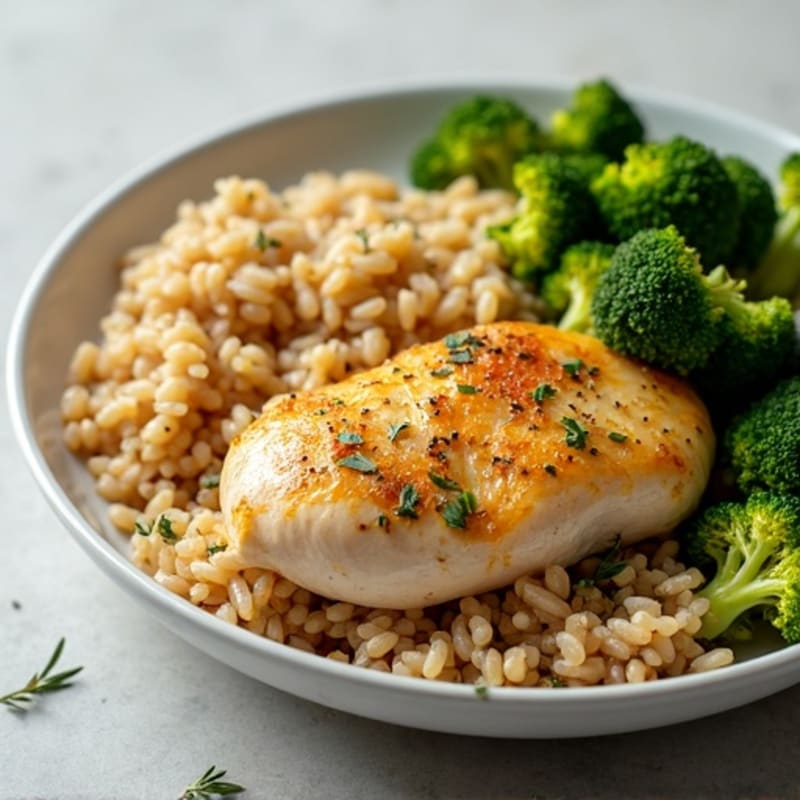 Lemon Herb Roasted Chicken with Brown Rice and Crispy Roasted Broccoli