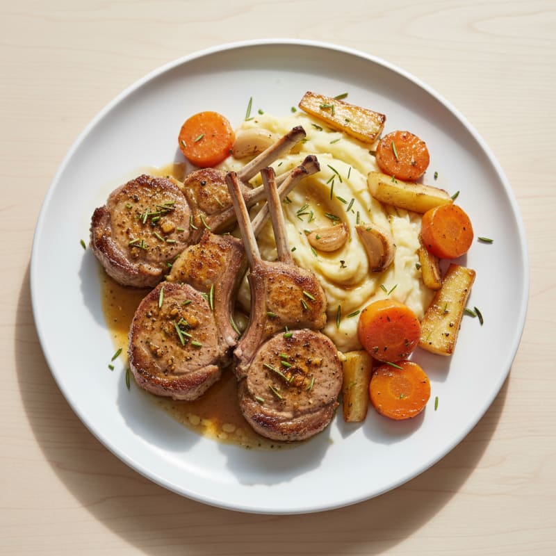 Seared Lamb Chops with Roasted Root Vegetables and Garlic Mashed Potatoes