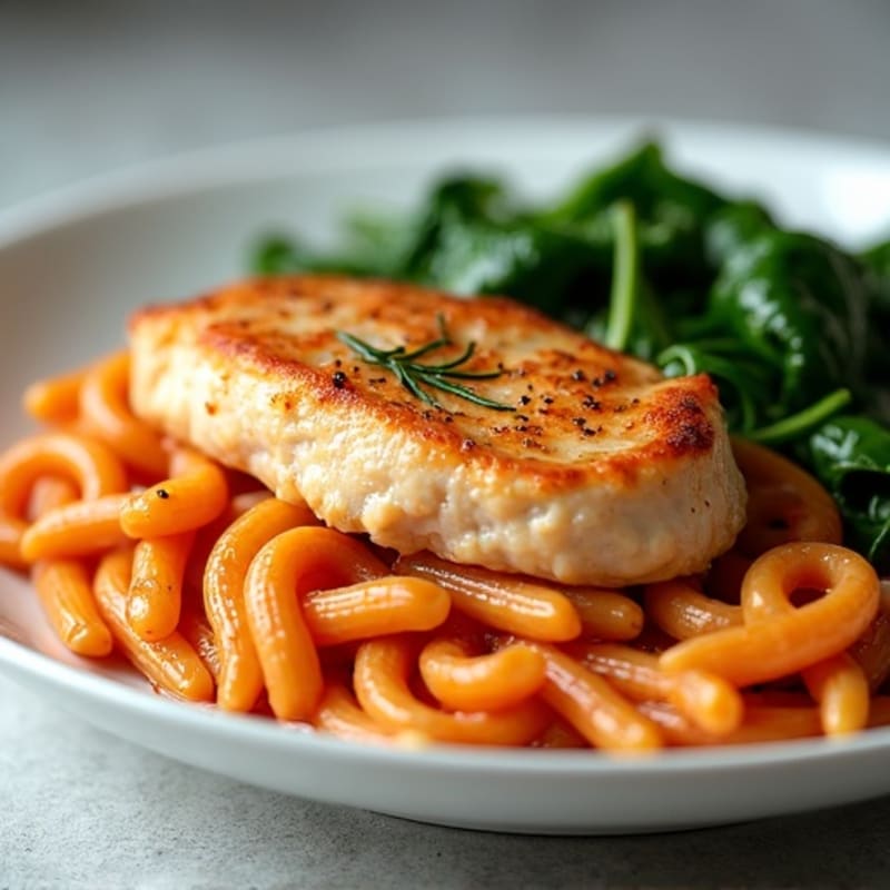 Pan-Seared Chicken with Creamy Tomato Protein Pasta and Sautéed Greens
