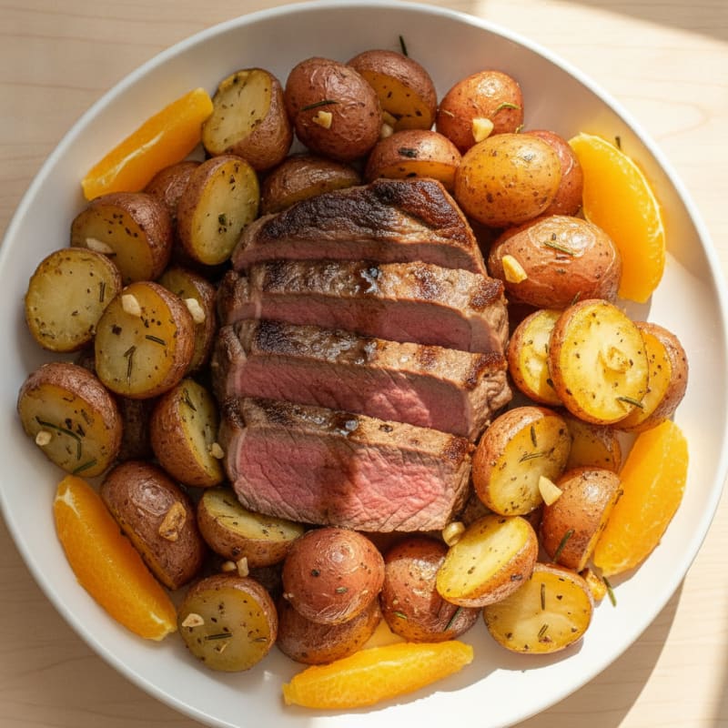 Seared Steak with Herb-Roasted Potatoes and Orange Slices