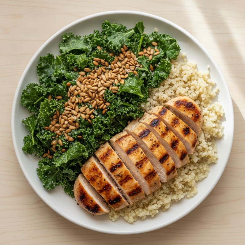 Grilled Chicken Breast with Crunchy Kale Salad and Quinoa