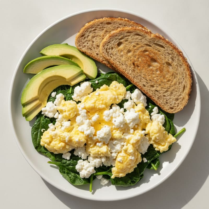 Scrambled Eggs with Cottage Cheese and Sautéed Spinach