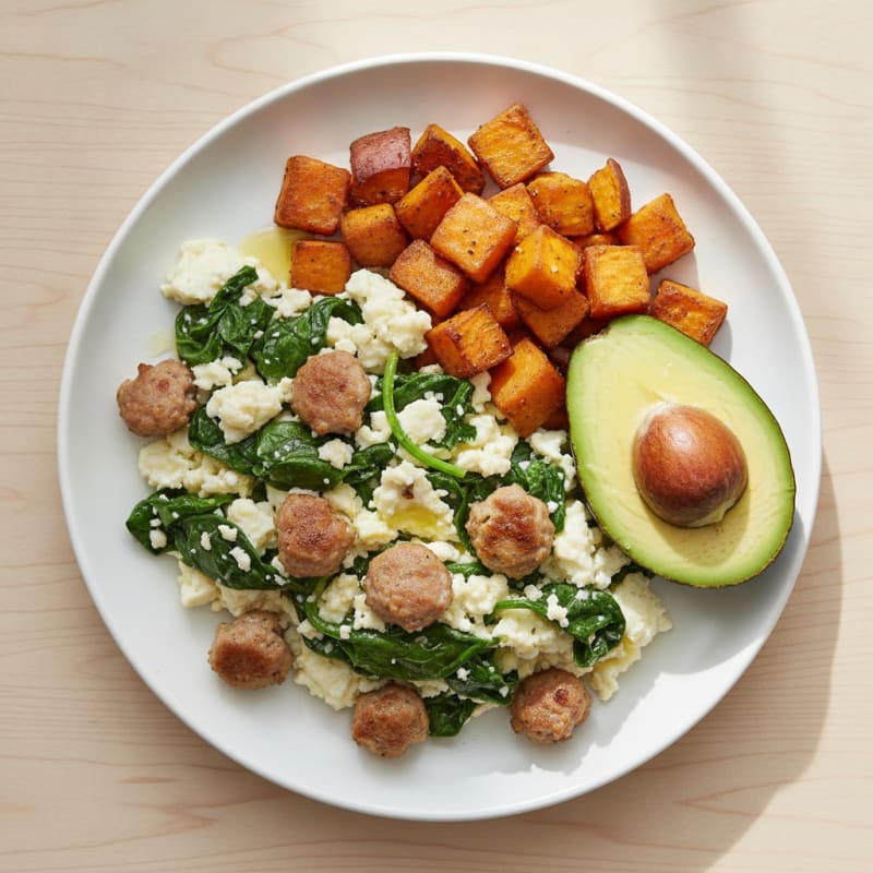 Egg White and Spinach Scramble with Turkey Sausage
