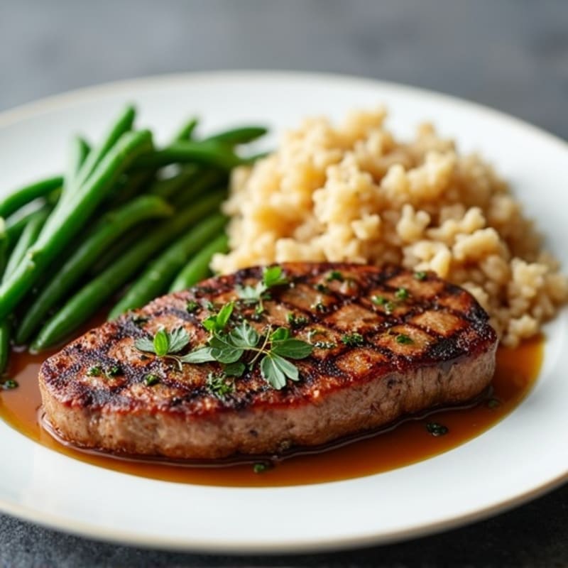 Seared Sirloin Steak with Garlic Green Beans and Brown Rice