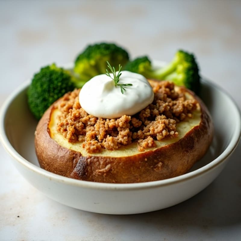 Fluffy Baked Potato with Lean Ground Turkey, Roasted Broccoli, and Creamy Greek Yogurt