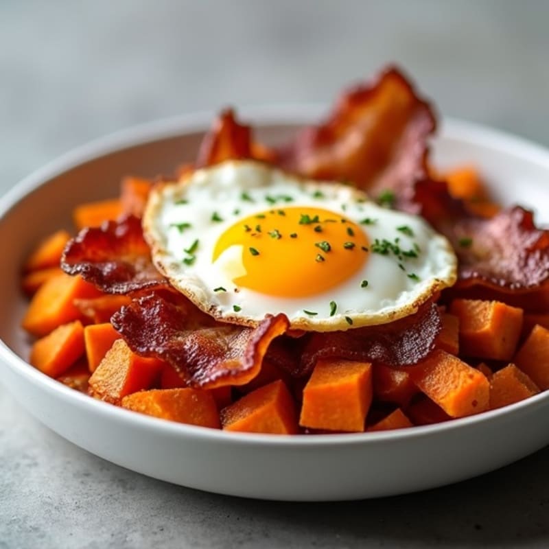 Sweet Potato Hash with Crispy Turkey Bacon and Fried Egg