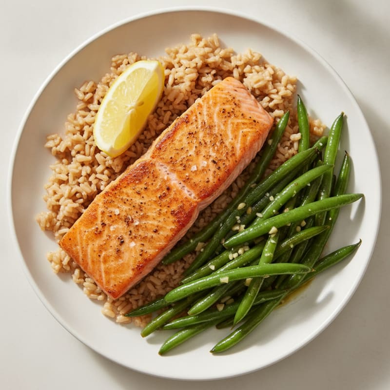 Seared Salmon with Garlic Green Beans and Brown Rice