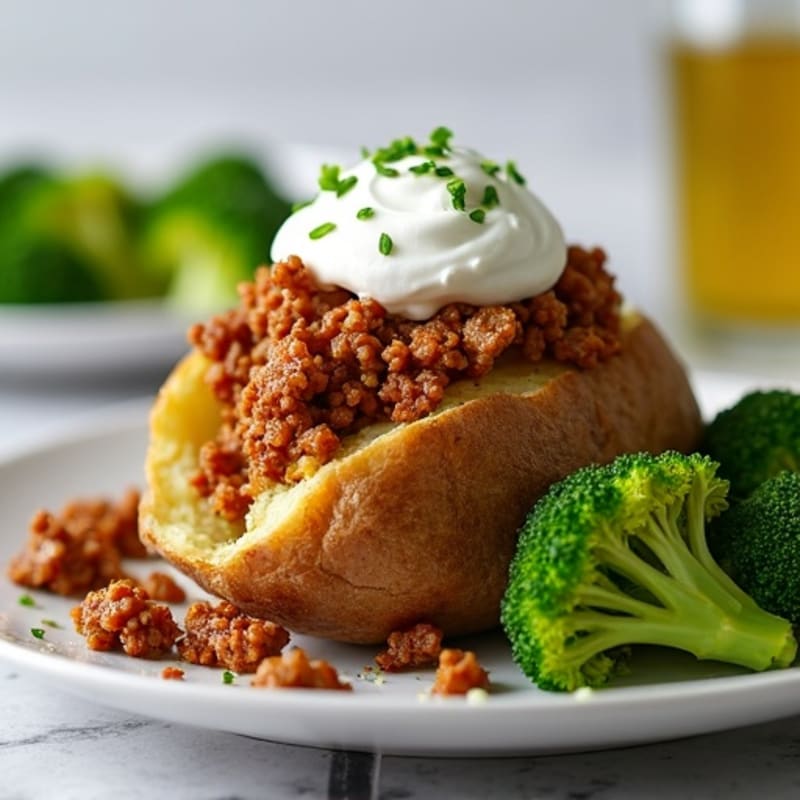 Crispy Baked Potato with Lean Ground Turkey, Steamed Broccoli, and Creamy Greek Yogurt