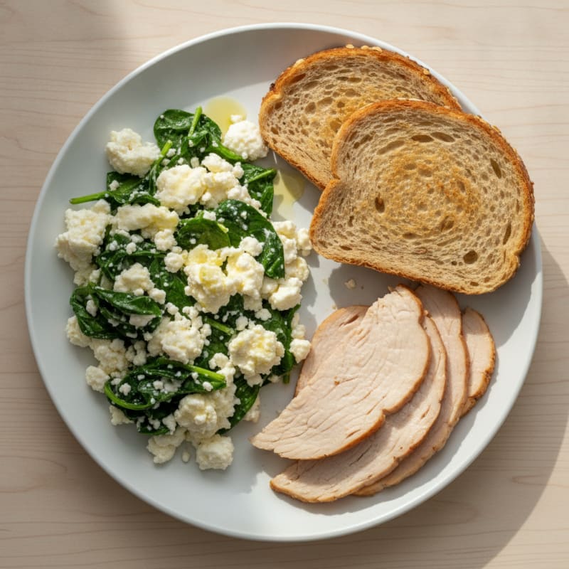 Egg White Spinach Scramble with Cottage Cheese and Sliced Turkey