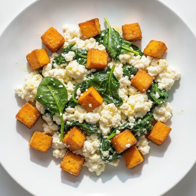 Egg White and Cottage Cheese Scramble with Spinach and Roasted Sweet Potato