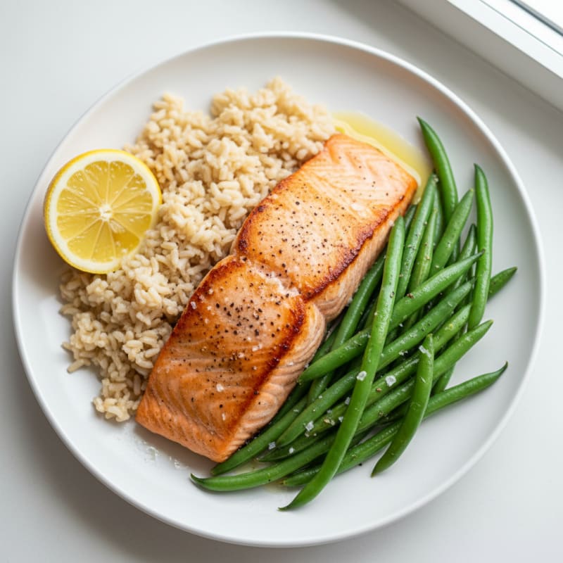 Seared Salmon with Steamed Green Beans and Brown Rice
