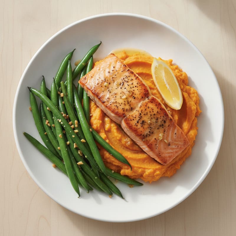 Seared Salmon Fillet with Garlic Green Beans and Sweet Potato Mash