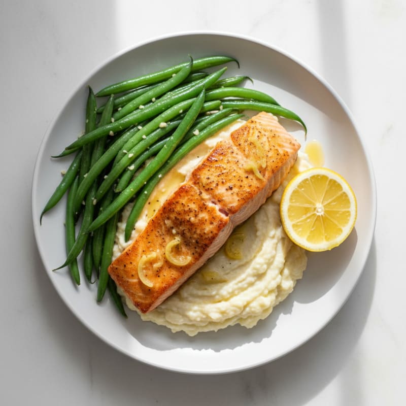 Seared Salmon with Garlic Green Beans and Cauliflower Mash