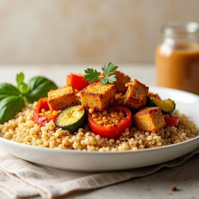 Crispy Peanut Tofu with Roasted Vegetables and Quinoa