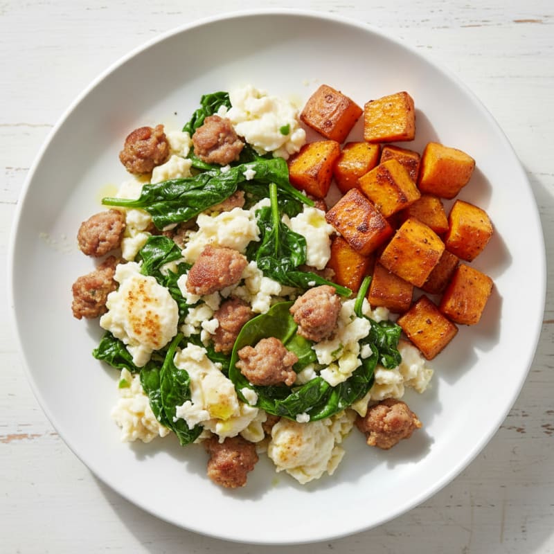 Egg White and Turkey Sausage Scramble with Spinach and Roasted Sweet Potatoes