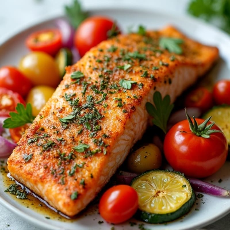 Crispy Sheet Pan Herb-Crusted Salmon with Roasted Rainbow Vegetables