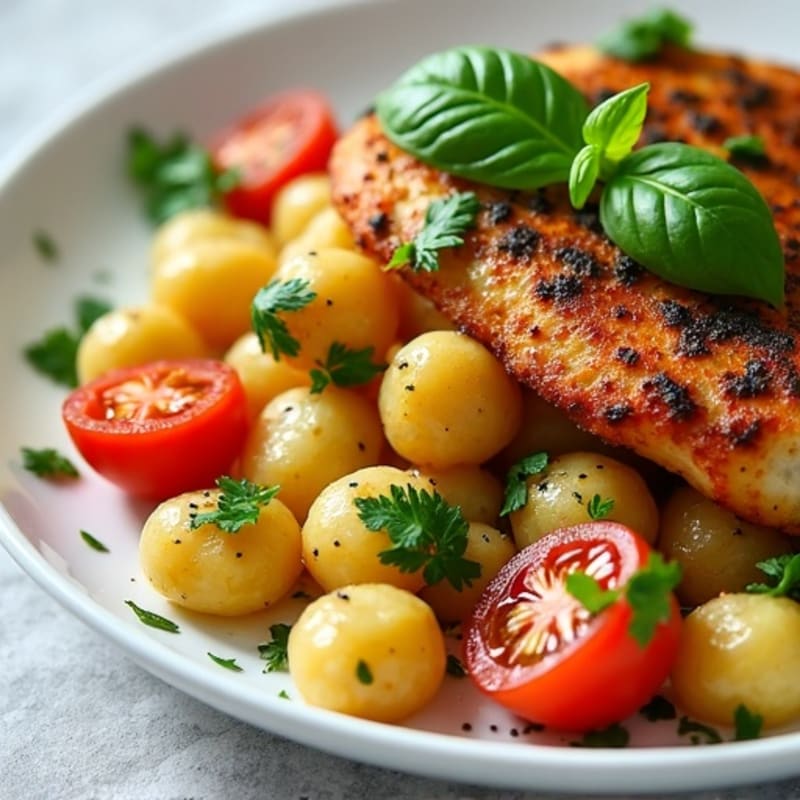 Crispy Gnocchi with Lemon-Herb Chicken, Blistered Cherry Tomatoes, and Fresh Basil Pesto