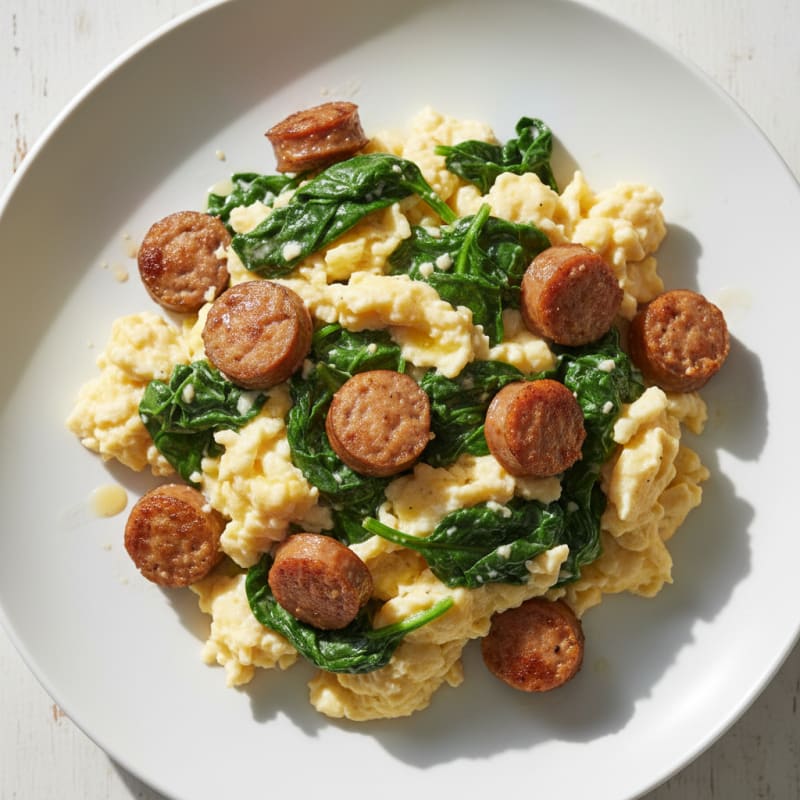 Creamy Scrambled Eggs with Turkey Sausage and Sautéed Spinach