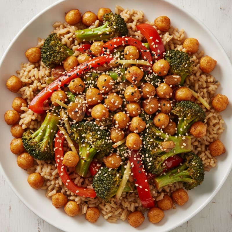 Roasted Chickpea and Vegetable Stir Fry with Brown Rice