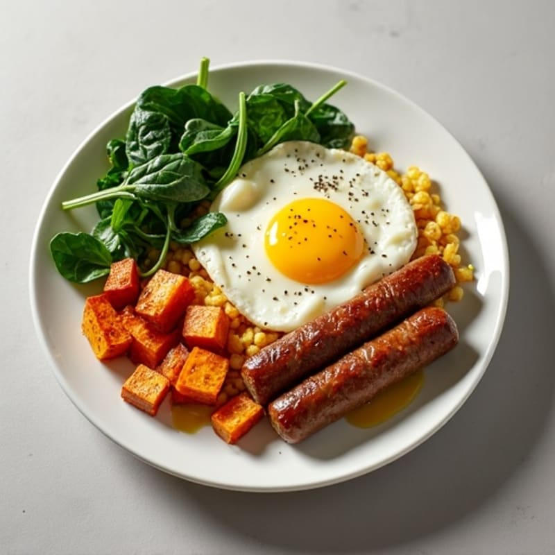 Egg White and Turkey Sausage Scramble with Spinach and Roasted Sweet Potatoes