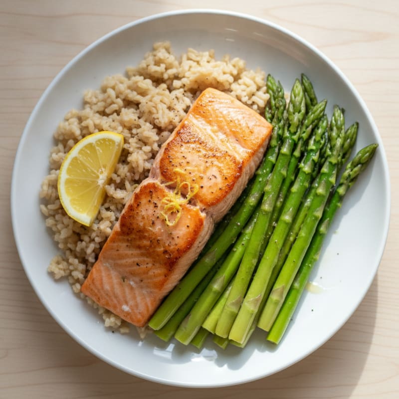 Seared Salmon with Steamed Asparagus and Brown Rice