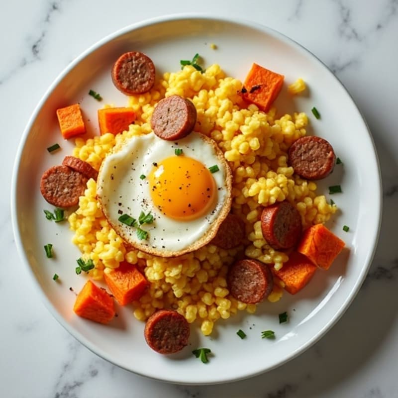 Egg White Scramble with Turkey Sausage and Roasted Sweet Potato