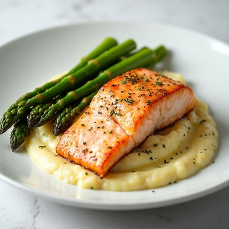 Seared Salmon with Steamed Asparagus and Cauliflower Mash