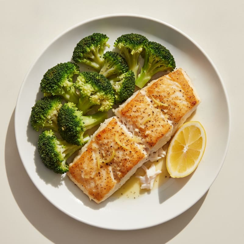 Seared Cod with Steamed Broccoli and Lemon