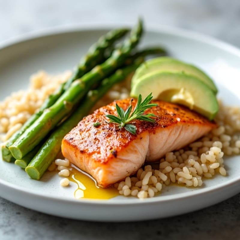 Pan-Seared Salmon Bites with Roasted Asparagus, Fluffy Jasmine Rice, and Creamy Avocado