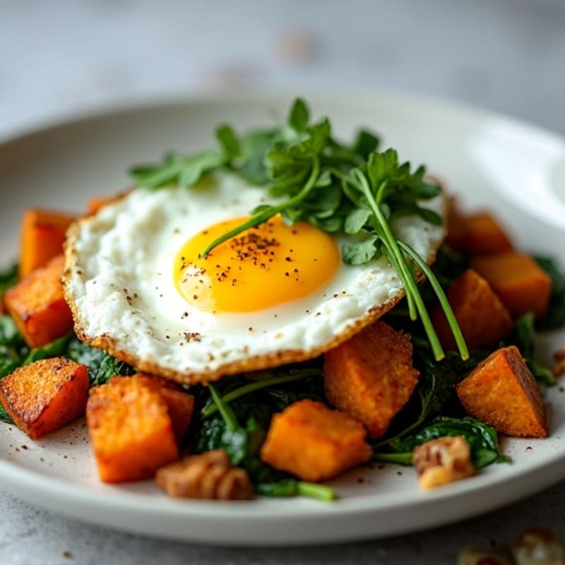 Crispy Egg and Sweet Potato Hash with Sautéed Greens