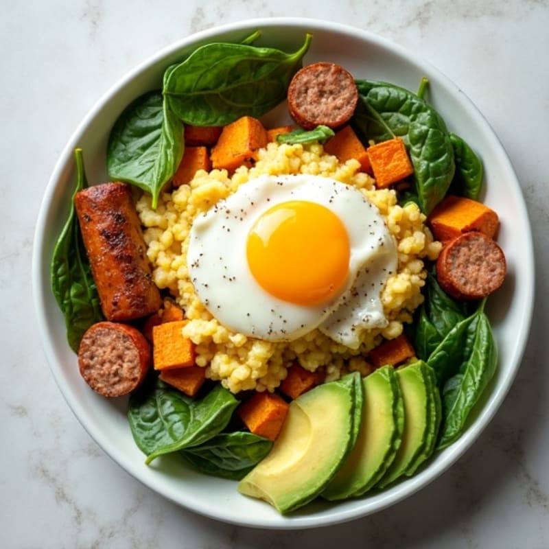 Egg White Scramble with Turkey Sausage and Roasted Sweet Potatoes