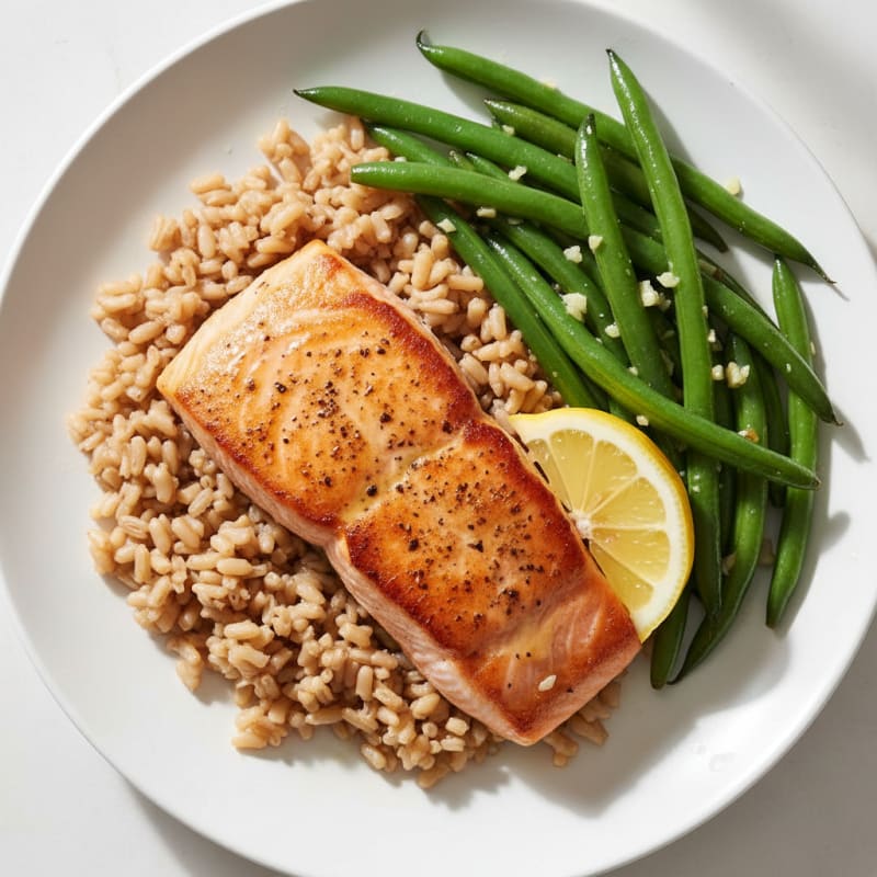 Seared Salmon with Garlic Green Beans and Brown Rice