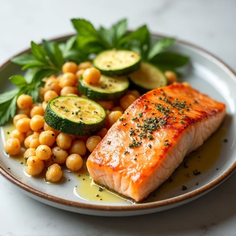 Seared Salmon Fillet with Roasted Zucchini and Chickpeas