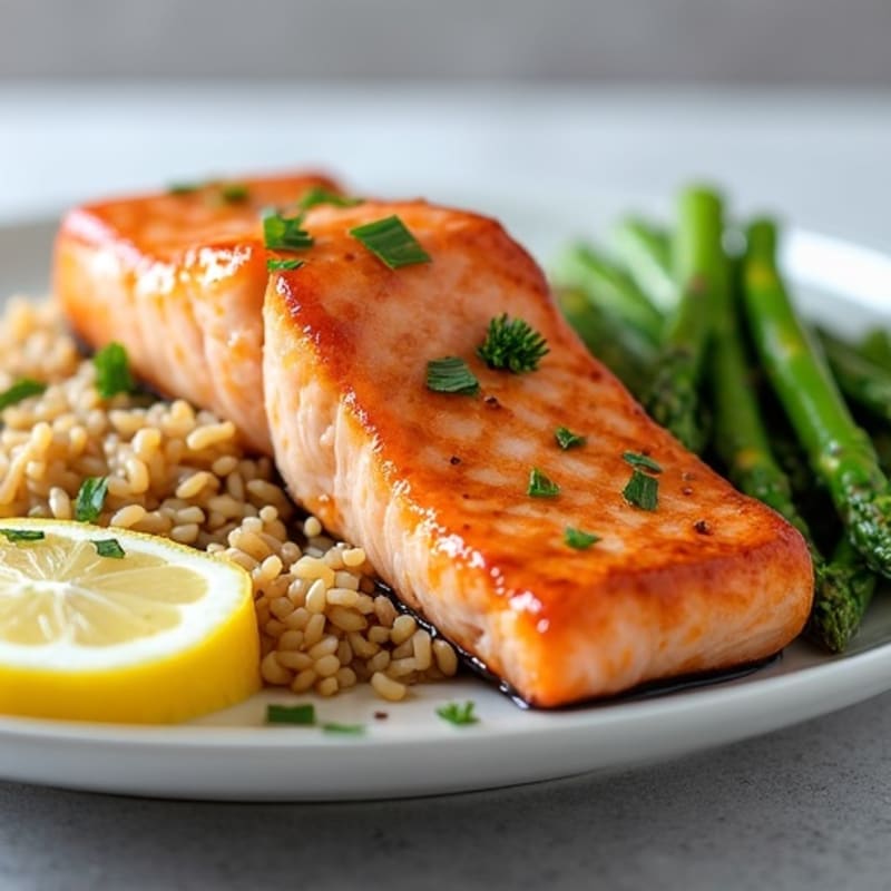 Seared Salmon Fillet with Steamed Asparagus and Brown Rice