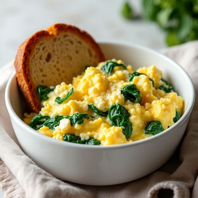 Creamy Scrambled Eggs with Cottage Cheese and Sautéed Spinach
