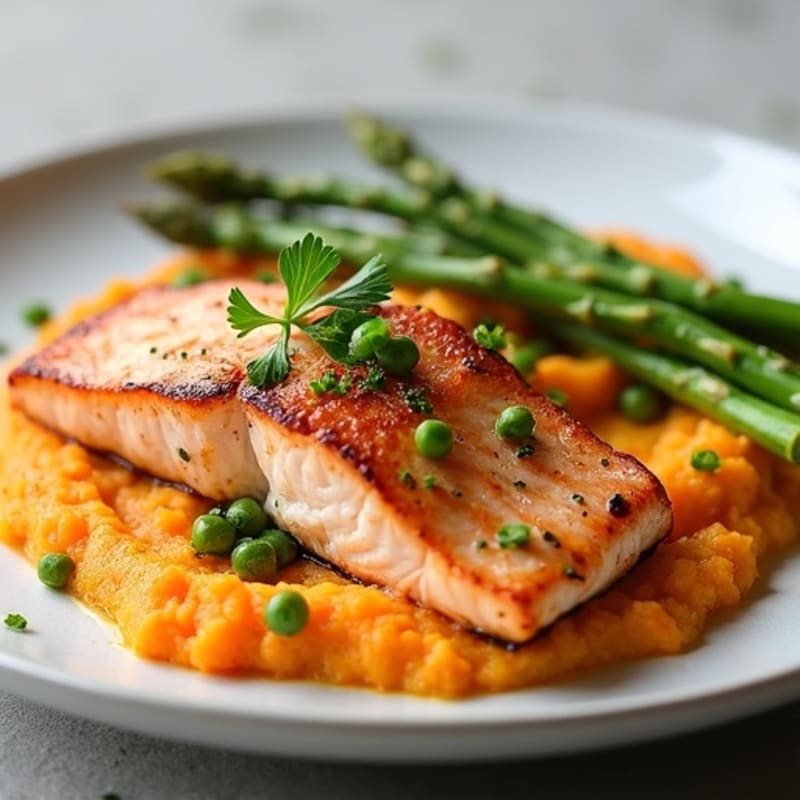Seared Salmon Fillet with Roasted Asparagus and Sweet Potato Mash