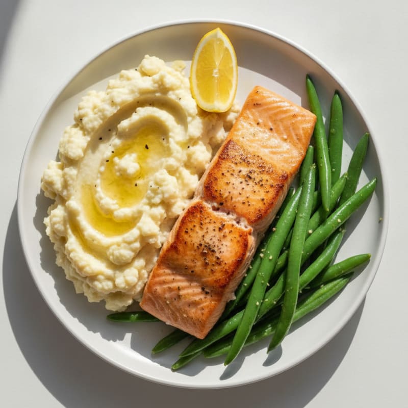 Seared Salmon Fillet with Steamed Green Beans and Garlic Mashed Cauliflower
