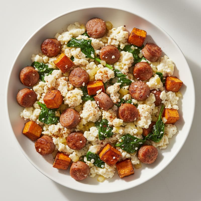 Egg White and Turkey Sausage Scramble with Spinach and Sweet Potato