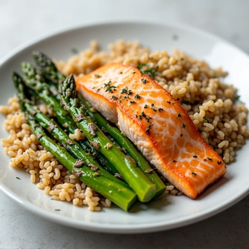 Seared Salmon Fillet with Roasted Asparagus and Brown Rice